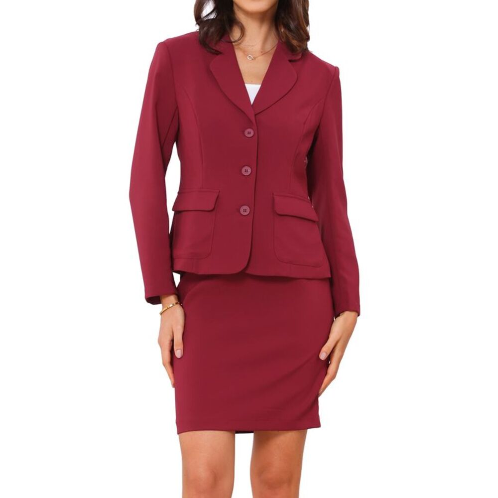 2 Piece Business Suit Collared Blazer Pencil Skirt Work Skirt Set Wine Red